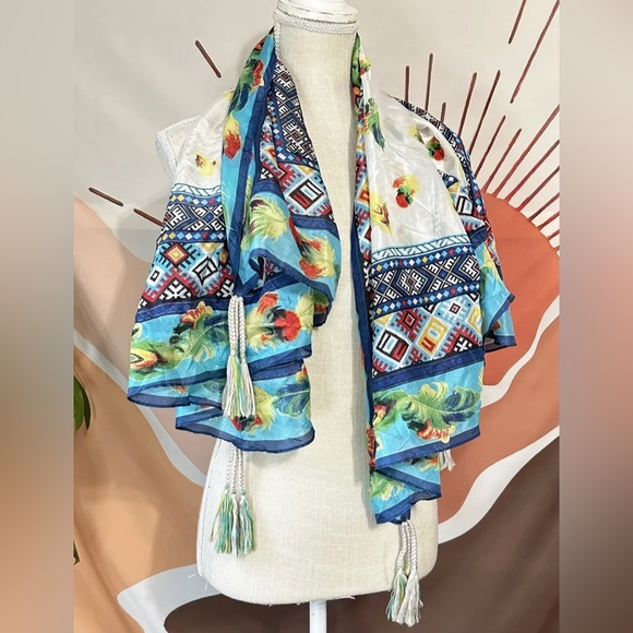 Beautiful Johnny Was Silk Scarf With Tassels 47”X 43” Floral Aztec Boho - Picture 1 of 13